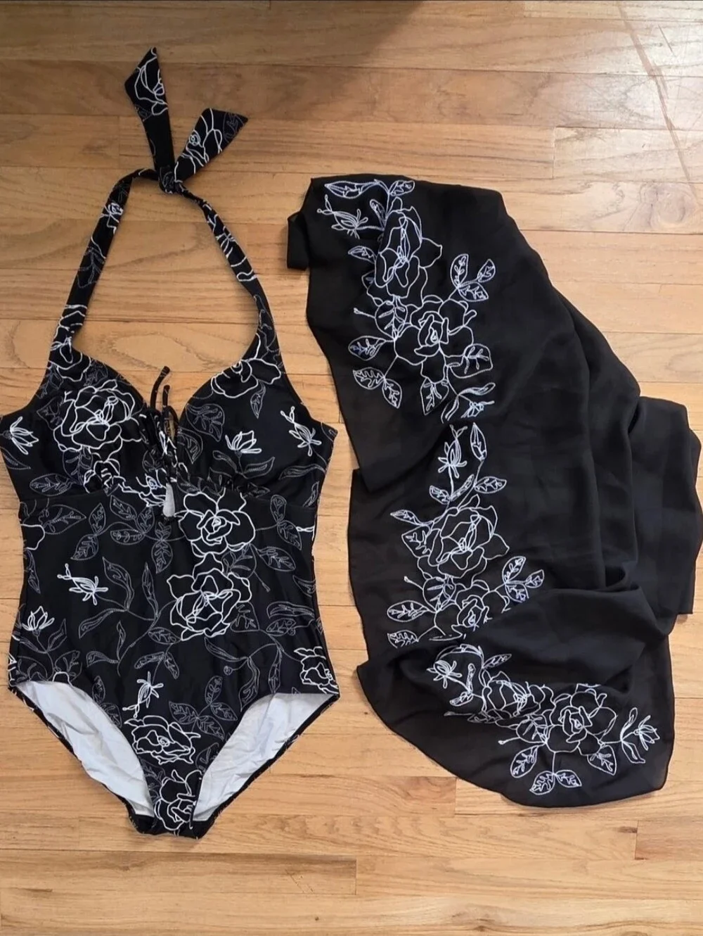 Black Floral One-Piece Swimsuit with Matching Sarong